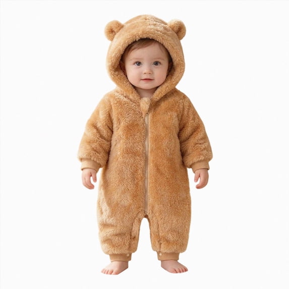 KJameas Baby Boys Girls Jumpsuit Fuzzy Fleece Bear Hooded Zip Up Footed