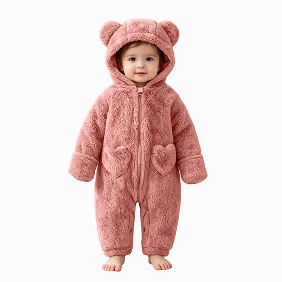 KJameas Baby Boys Girls Jumpsuit Fuzzy Fleece Heart Pocket Bear Hooded