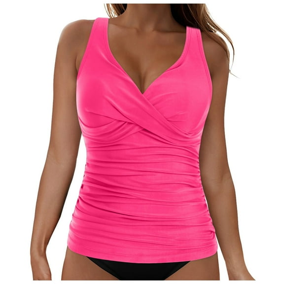KJameas Women Tankini Top Only Flowy Swim Tops V Neck Bathing Suit Top（G-Hot Pink,S）