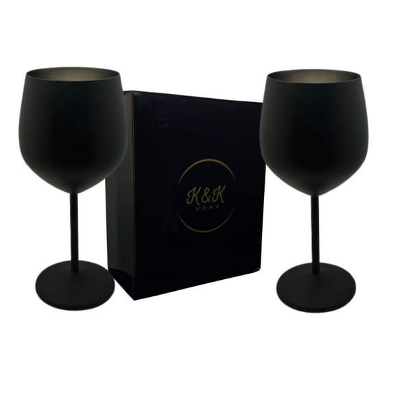 KK Home Black Matte Stainless Steel Unbreakable Wine Glasses - 18 oz - Set of 2 Colored, Stemmed Metal Wine Glasses Perfect for Outdoors, Weddings, and Fancy Gatherings