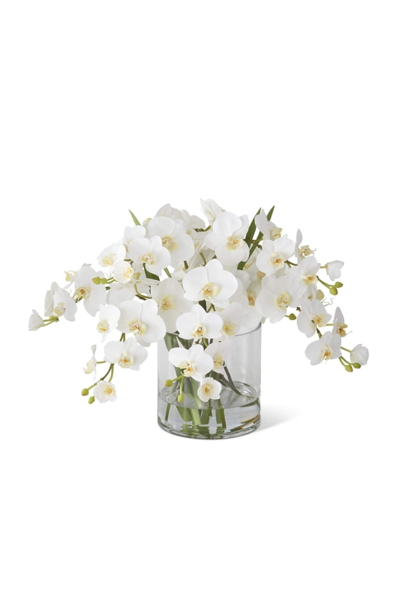 16" Real Touch White Orchid Flower Arrangement in Faux Water Glass Vase