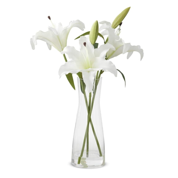 KK Interiors 18.5" Real Touch White Lily Flower Arrangement in Faux Water Glass Vase for Easter