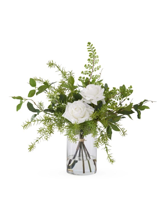 20.5" Real Touch Diamond White Rose Flower Arrangement in Faux Water Glass Vase for Mother's Day