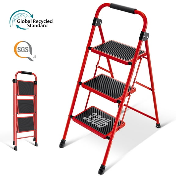 KINGRACK 3 Step Ladder for Adults, Folding Step Stool with Anti-Slip Pedal, Lightweight Portable Ladders for Home, Workplace, 330lbs Capacity