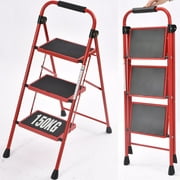 KK KINGRACK 3-Step Household Folding Steel Step Stool with Armrests, 225 lbs Capacity (Red)