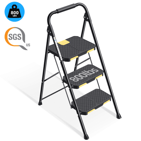 KK KINGRACK 3 Step Ladder, Folding Step Stool with Non-Slip Feet for Home, 800 lbs Capacity, Black