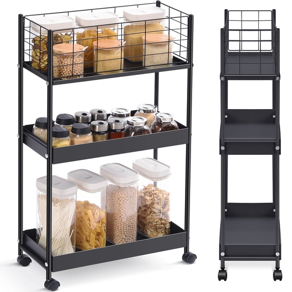 KK KINGRACK 3-Tier Metal Utility Rolling Cart with Wheels, Garage Storage, Slim Storage Cart for Office Kitchen Bathroom Narrow Place, File Black