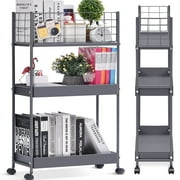 KK KINGRACK 3-Tier Metal Utility Rolling Cart with Wheels, Garage Storage, Slim Storage Cart for Office Kitchen Bathroom Narrow Place, File Grey