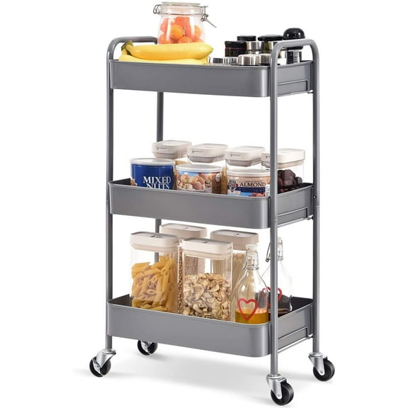 KK KINGRACK 3-Tier Rolling Cart, Metal Utility Cart with Wheels ,Office School Organizer, Grey