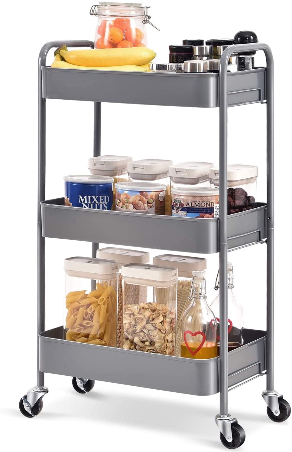 KK KINGRACK 3-Tier Rolling Cart, Metal Utility Cart with Wheels ,Office School Organizer, Grey