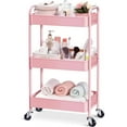 thumbnail image 1 of KK KINGRACK 3-Tier Rolling Cart, Metal Utility Cart with Wheels ,Office School Organizer, Pink, 1 of 6