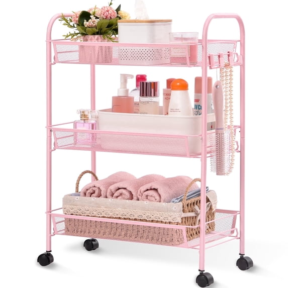 KK KINGRACK 3 Tier Rolling Cart Organizer, Mesh Cart with Wheels, Utility Cart for Office, School,Storage, Pink
