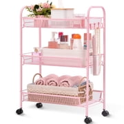 KK KINGRACK 3 Tier Rolling Cart Organizer, Mesh Cart with Wheels, Utility Cart for Office, School,Storage, Pink