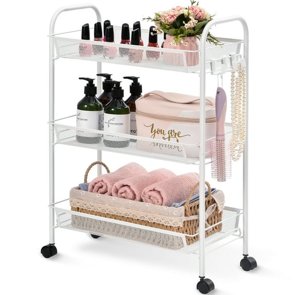 KK KINGRACK 3 Tier Rolling Cart Organizer, Mesh Cart with Wheels, Utility Cart for Office, School,Storage, White