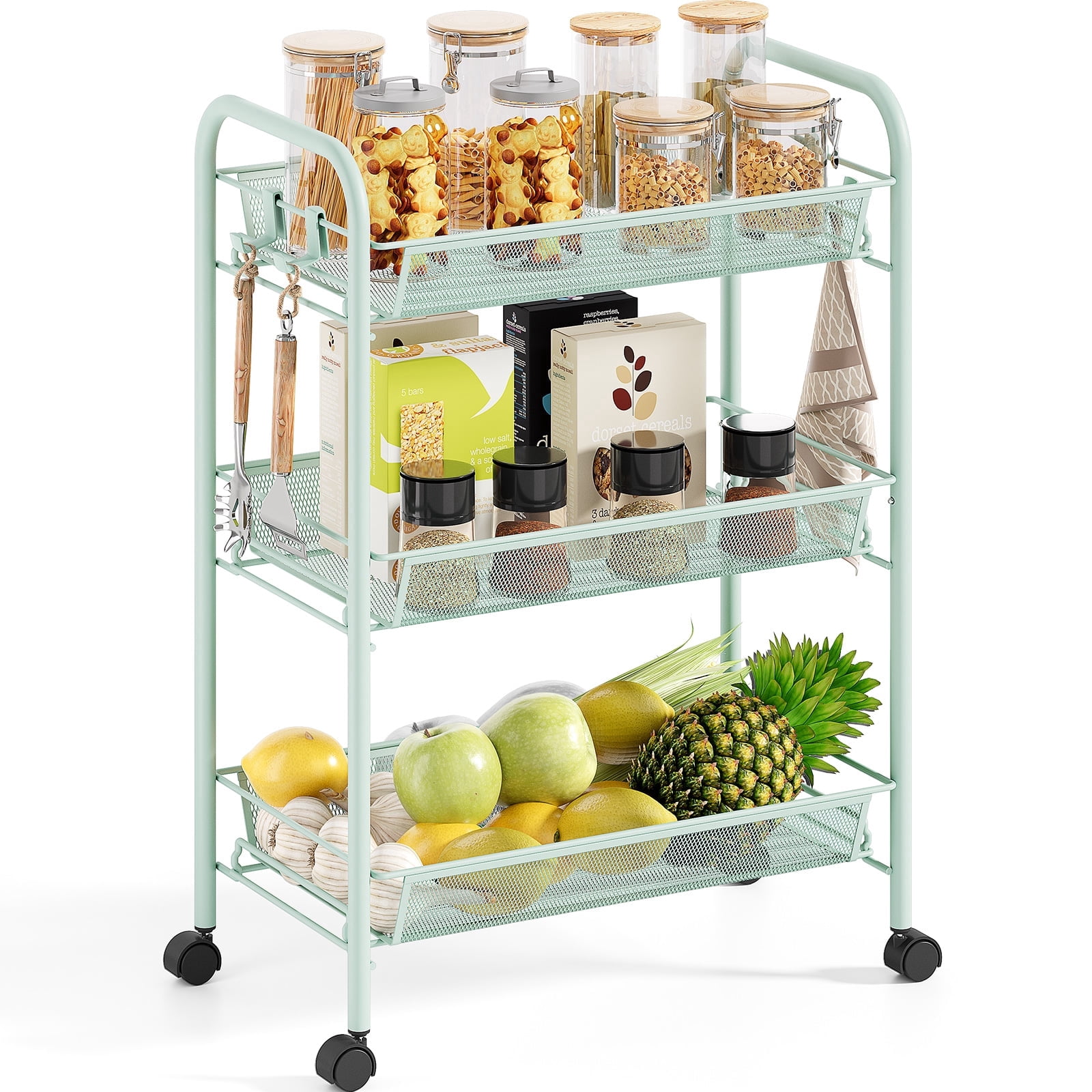 KK KINGRACK 3 Tier Rolling Cart Organizer, Metal Cart with Wheels, Utility Cart for Office Home School Storage, Green