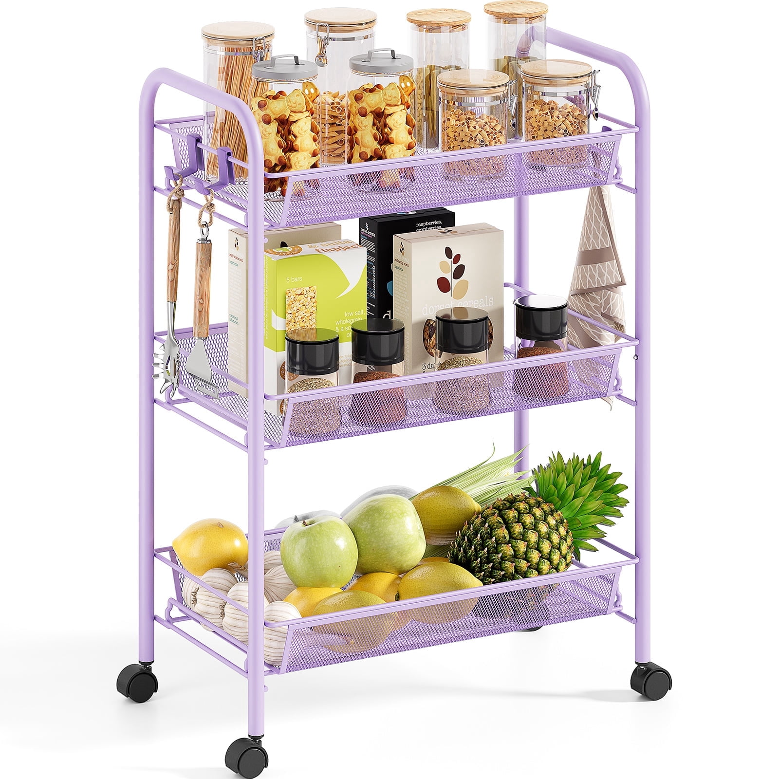 KK KINGRACK 3 Tier Rolling Cart Organizer, Metal Cart with Wheels, Utility Cart for Office Home School Storage, Purple