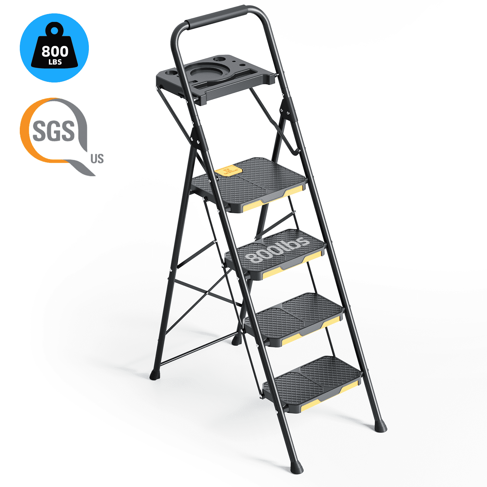 4 Step Ladder with Tool Platform, KINGRACK Folding Step Stool with Wide Pedal, Safety Locking, Sturdy Steel Ladder Portable Safety Ladder for Adult Painting Home Outdoor Garage