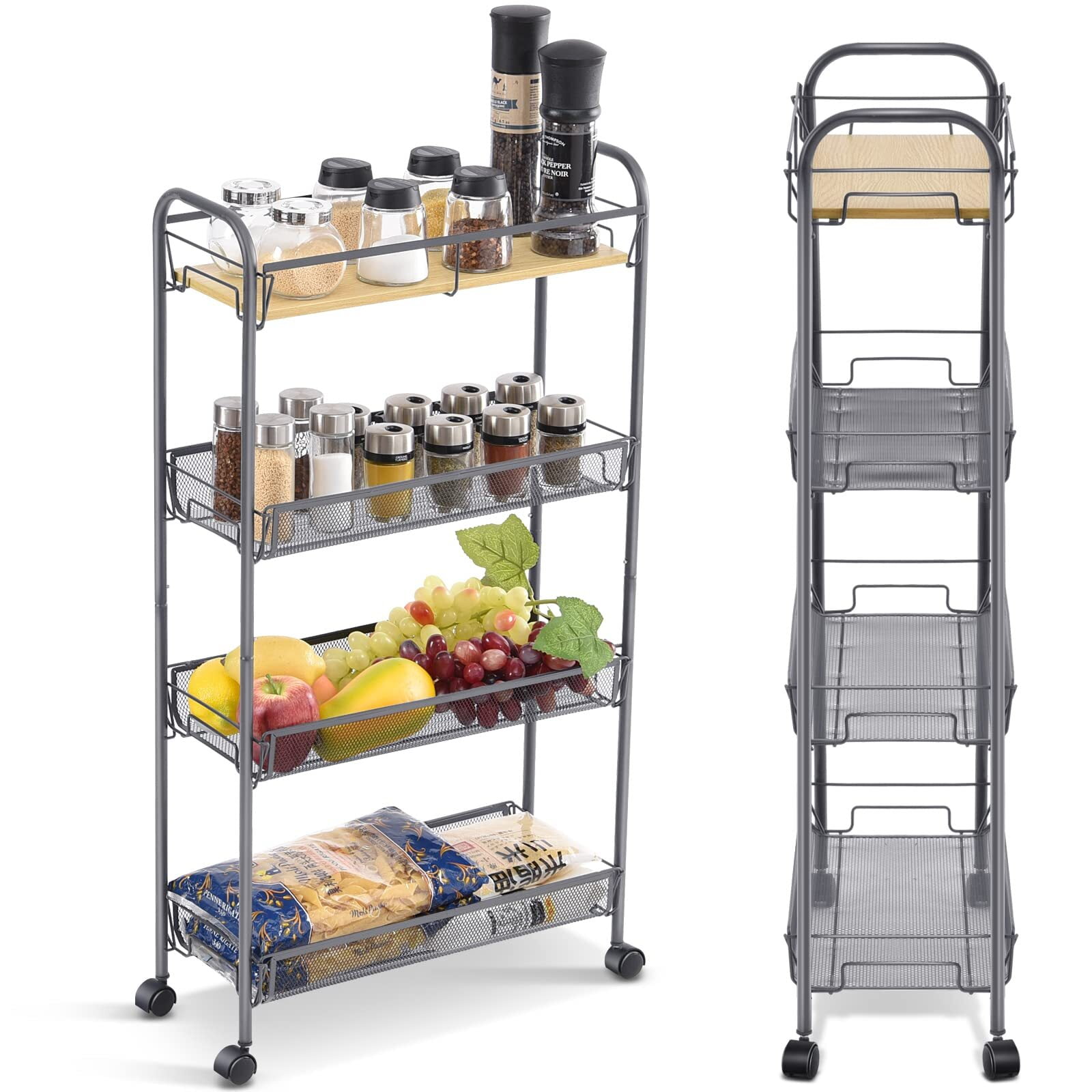KK KINGRACK 4Tier Rolling Cart, Mesh Storage Utility Carts with Wooden Tabletop for Kitchen