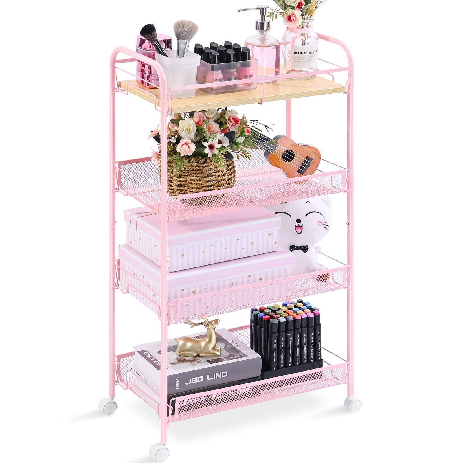 KK KINGRACK 4Tier Rolling Cart, Mesh Storage Utility Carts with Wooden
