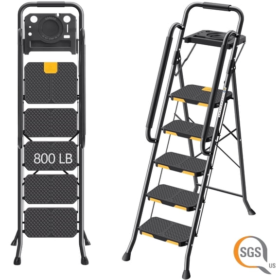 Kingrack 5 Step Folding Ladder for Adults, 800lbs Sturdy Steel Stool Ladder with Anti-Slip Pedal&Handrail&Tool Tray for Home Kitchen Office