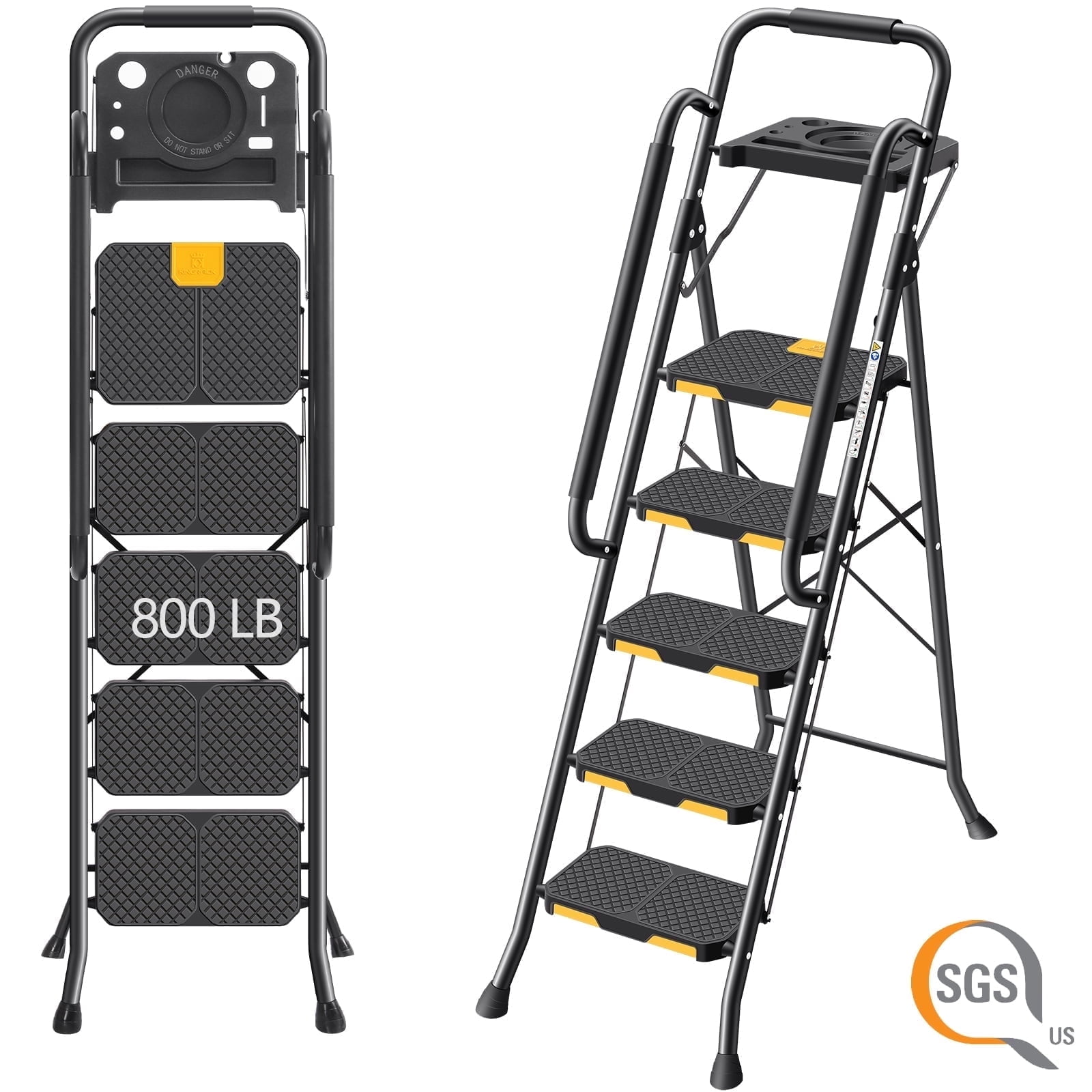 Kingrack 5 Step Folding Ladder for Adults, 800lbs Sturdy Steel Stool Ladder with Anti-Slip Pedal&Handrail&Tool Tray for Home Kitchen Office