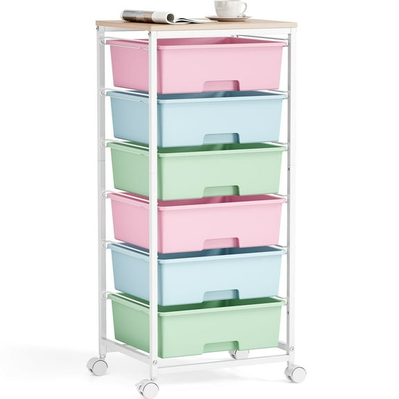 KK KINGRACK 6 Drawers Storage Cart with Wooden Top, Rolling Storage Cart Organizer for Home Office Dorm, Multicolor