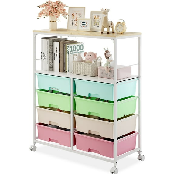 KK KINGRACK 8 Drawers Storage Cart with Wooden Top, Multipurpose Utility Rolling Cart with Opening Shelf&Wheels, Rainbow