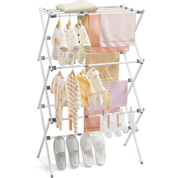 KK KINGRACK Clothes Drying Rack, 3-Tier Collapsible Steel Laundry Rack,  Expandable Clothes Dryer, White, 35.43 in