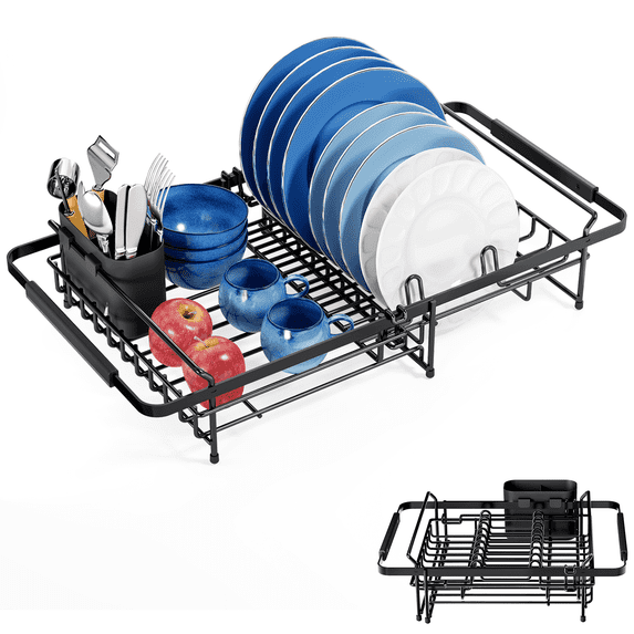 KK KINGRACK Dish Drying Rack , Expandable Metal Dish Rack, Rustproof Dish Drainer for Kitchen Counter, Black