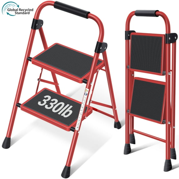 KK KINGRACK Folding Step Stool, 2-Step Household Steel Ladders with Handgrip, 330lbs Capacity (Red)
