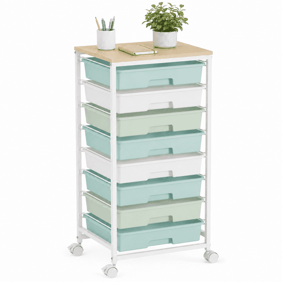 KK KINGRACK Rolling Cart, Drawer Organizer with 8 Drawers&Tabletop, Craft Storage Cart, Metal & Plastic, Green