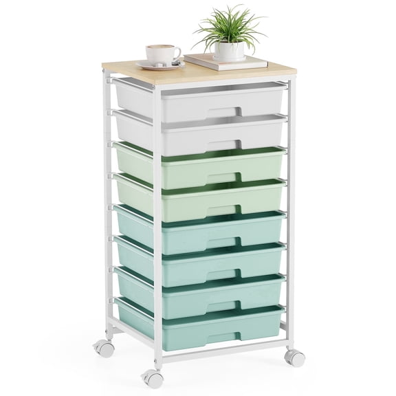 KK KINGRACK Rolling Cart, Drawer Organizer with 8 Drawers&Tabletop, Craft Storage Cart, Metal & Plastic, Green