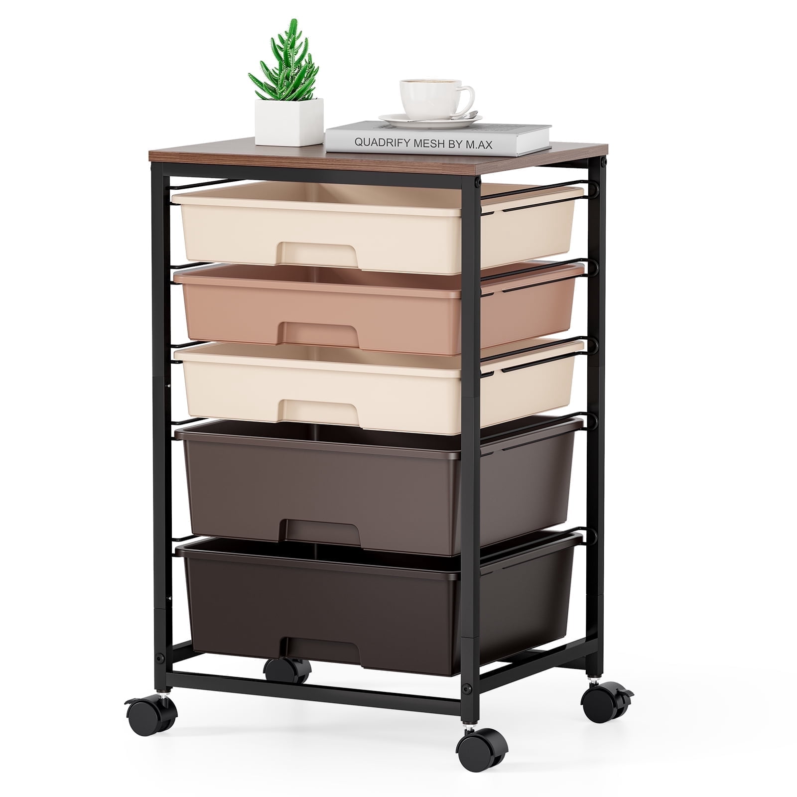 KK KINGRACK Rolling Cart with 5 Drawers, Storage Drawer Cart with Wooden Tabletop, Metal & Plastic, Brown