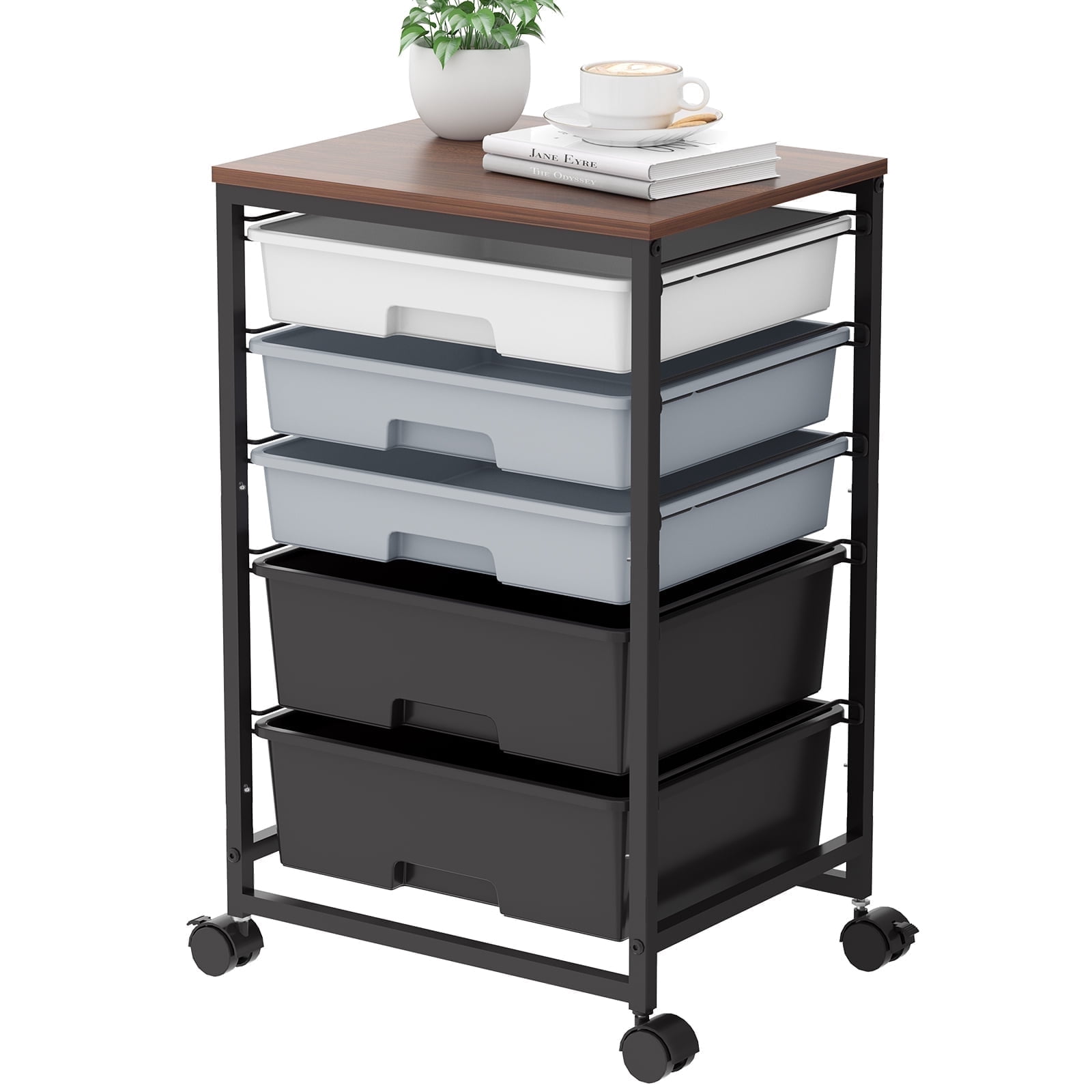 KK KINGRACK Rolling Cart with 5 Drawers, Storage Drawer Cart with Wooden Tabletop, Metal & Plastic, Gray