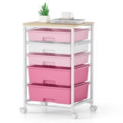 KK KINGRACK Rolling Cart with 5 Drawers, Storage Drawer Cart with Wooden Tabletop, Metal & Plastic, Pink