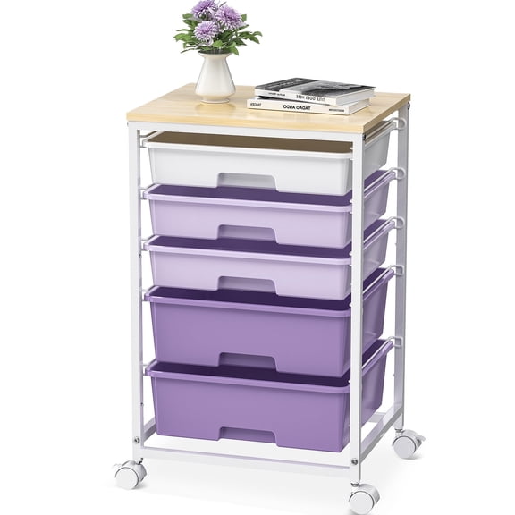 KK KINGRACK Rolling Cart with 5 Drawers, Storage Drawer Cart with Wooden Tabletop, Metal & Plastic, Purple