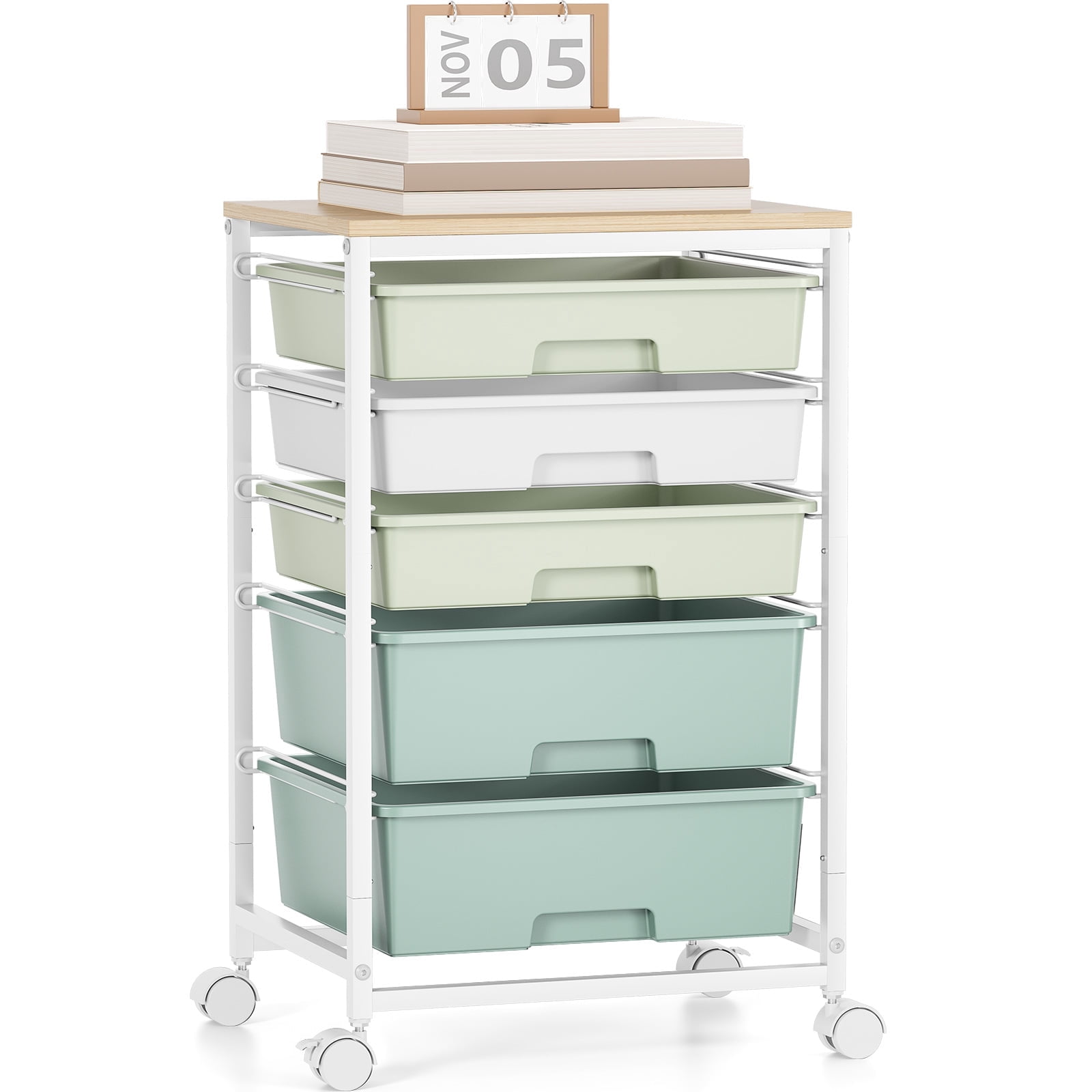 KK KINGRACK Rolling Cart with 5 Drawers, Storage Drawer Cart with Wooden Tabletop, Metal & Plastic, Rainbow