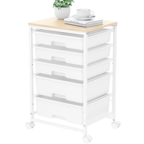 KK KINGRACK Rolling Cart with 5 Drawers, Storage Drawer Cart with Wooden Tabletop, Metal & Plastic, White