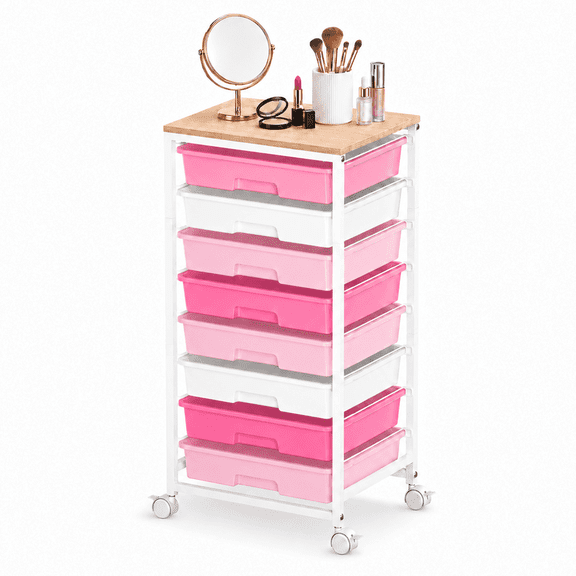 KK KINGRACK Storage Rolling Cart with 8 Drawers, Wooden Tabletop, Metal & Plastic, Pink