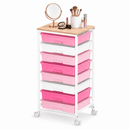 KK KINGRACK Storage Rolling Cart with 8 Drawers, Wooden Tabletop, Metal & Plastic, Pink