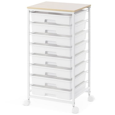 KK KINGRACK Storage Rolling Drawer Cart, Drawer Organizer with 8 Drawers and Wooden Tabletop, Metal & Plastic, White
