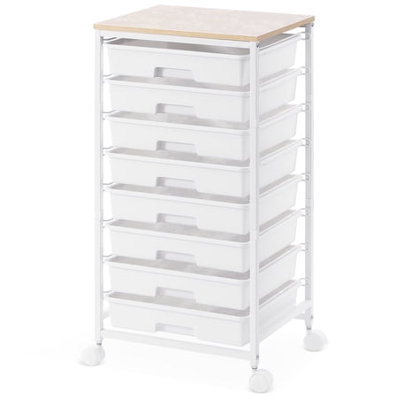 KK KINGRACK Storage Rolling Drawer Cart, Drawer Organizer with 8 Drawers and Wooden Tabletop, Metal & Plastic, White