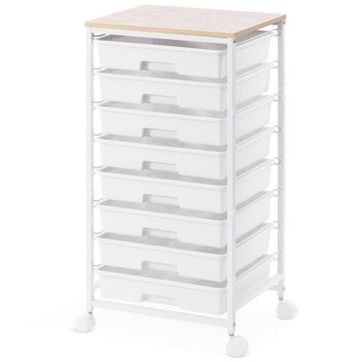 KK KINGRACK Storage Rolling Drawer Cart, Drawer Organizer with 8 Drawers and Wooden Tabletop, Metal & Plastic, White