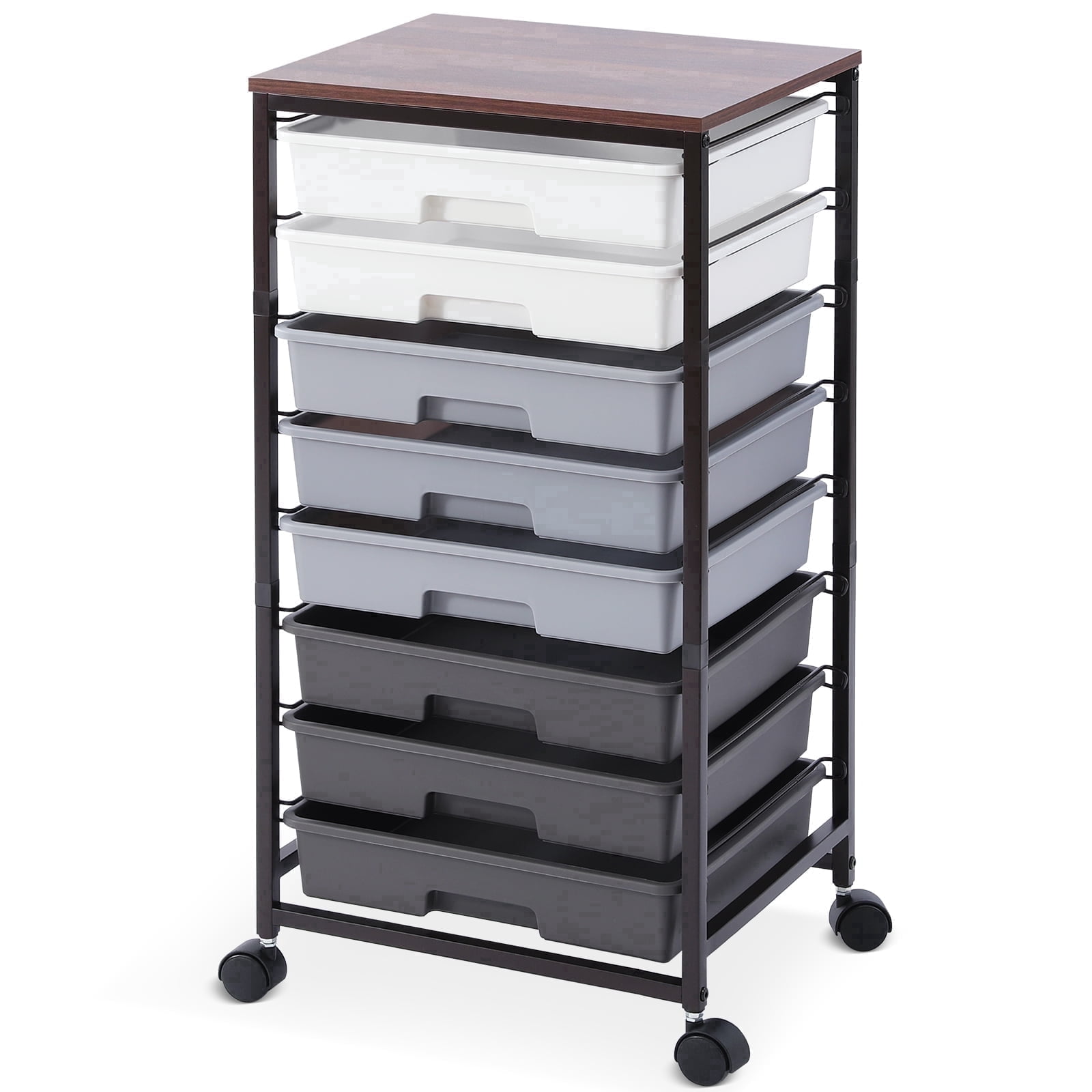 KK KINGRACK Storage Rolling Drawer Cart, Rolling Cart with 8 Drawers and Wooden Tabletop, Metal & Plastic, Gray