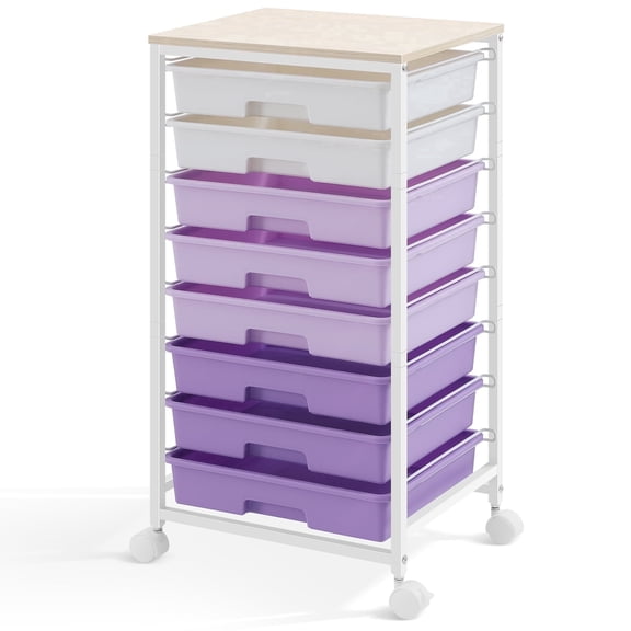 KK KINGRACK Storage Rolling Drawer Cart with 8 Drawers & Wooden Tabletop, Metal & Plastic, Purple