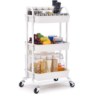 KK KINGRACK Utility Rolling Cart with Lockable Wheels Multi-Purpose Storage Organizer Organizer Trolley with Handles Serving Trolley with Mesh Basket, White