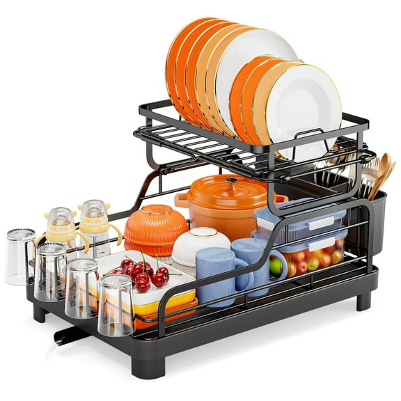 Dish Drying Rack, KK KINGRACKE Large 2-Tier Dish Rack with Drainboard Set for Kitchen Counter, Black