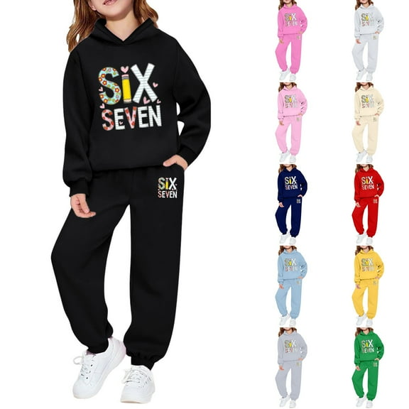 KKBOTIVE 67 Hoodies Sweatsuit for Girls 2 Piece Printed Sweatshirt Jogger Sweatpants Tracksuit Kids Athletic Fall Winter Clothes ( Black Size: 14-16 Years )