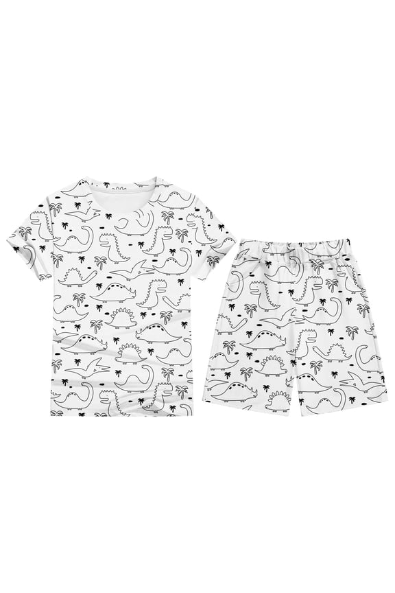 Baby Boys' Clothing Sets Dinosaur Printed Lapel Short Sleeved T Shirt Set Summer Teen Boys Sets 2 Piece Outfits, White Size: 5-6 Years