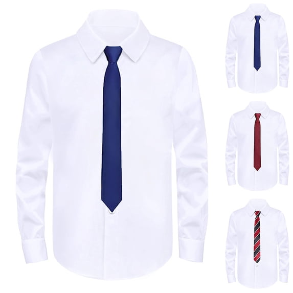KKBOTIVE Boy's Long Sleeve Dress Shirt Solid Stretch Back to School Kids Casual Button Down Shirts with Tie School Uniform Z01 Red 2-3Y